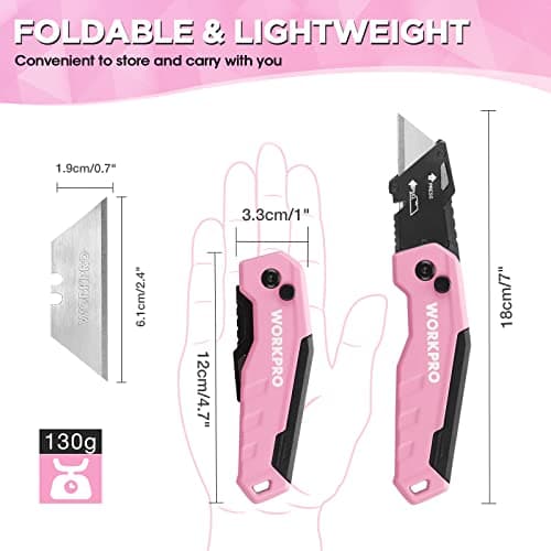 WORKPRO Folding Utility Knife, Aluminium Box Cutter, Pink — view 2