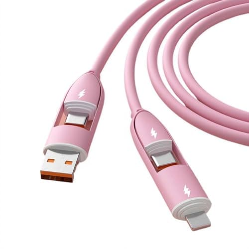 4-in-1 Fast Charging Cable 6A, Multi USB Type C Charger Cord PD Data Sync Wire, Universal Braided Phone Charger Cable for All Phone, 1-2M 6 Colors (Pink)
