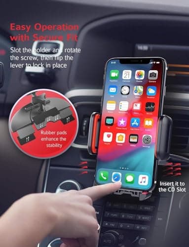 CD Slot Phone Holder Mount, CD phone holder for Car, One Touch 360° Rotation for Adjustable Support Feet Compatible iPhone 15 14 13 12 11/Pro Max/XS/XR/X/8/7, Samsung 20 10 9, Sony, Huawei, Etc - Red — view 4