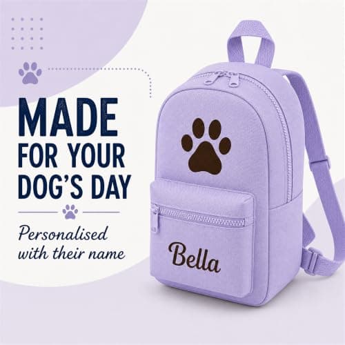 Hoolaroo Personalised Dog Bag Dog Walking Rucksack Doggy Daycare Backpack 35x23cm – Custom Name Pet Travel Organiser for Walks, Daycare, Hikes – Lightweight, Durable & Water-Resistant, Lilac — view 2