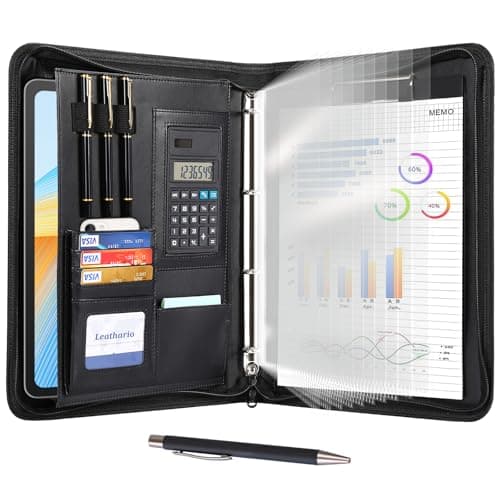 Leathario Portfolio Folder A4, Vegan Leather 4-Ring Conference Folder, Includes 10 Clear Sheet Protectors and a Pen, Multi-Pocket Travel Document Holder, Folder Organiser, Office Supplies