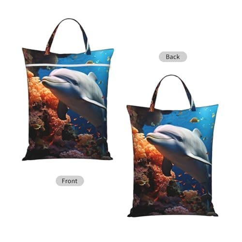 Dolphin On Coral Travel Laundry Bag for Dirty Clothes 1 PC, Foldable Waterproof Washable Wet Dry Bag with Handle Zippered Hanging Laundry Hamper for Travel, Gym, Swimming Pool — view 2