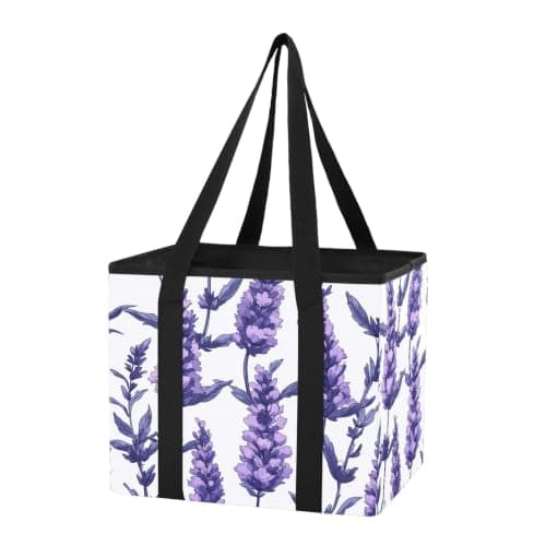 Car Trunk Organizer Grocery Bags Reusable Lavender Floral White Design Large Tote Bags Are Foldable with Long handles for Picnic Outings, Holiday Travel, 1 Pack