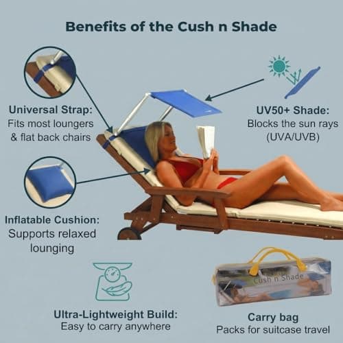 Sun Shade for Sun Lounger | Folding Sunshade for Garden Chair | UPF 50+ Portable Beach shade & Inflatable Cushion | Clip on Parasol Face shade - Cush N Shade — view 3