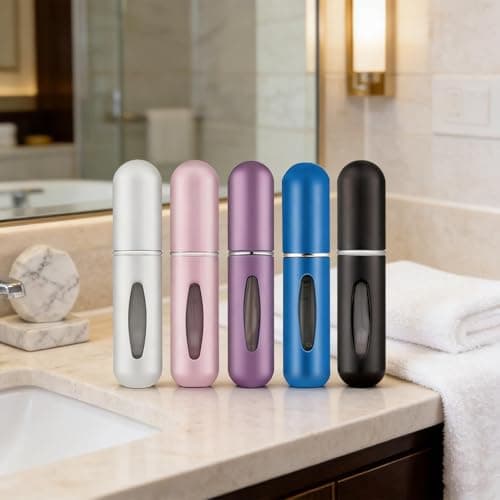 JITFLG 5 Pack 5ml Travel Perfume Bottle, Refillable Metal Atomiser with Bottom-Fill, Leakproof Fragrance Spray for Gym Airplane, Matte Aluminum in Pink Black Blue Silver Purple — view 4
