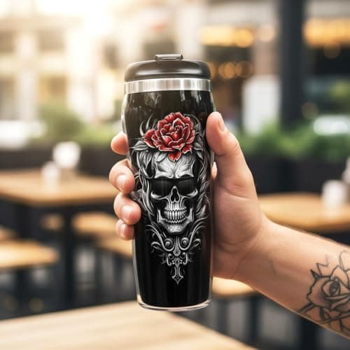 Pixly® Skull & Rose Thermal Travel Mug Coffee Tea Flask, 400ml/14oz Capacity, Funny Joke Fun Gift for Him Her — view 5