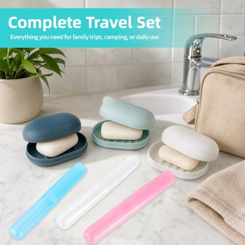 3 Pcs Soap Dish with Lid & 3 Pcs Toothbrush Case Set, Travel Soap Box Leakproof Container, Plastic Bar Soap Holder Portable for Home Camping Hiking Gym — view 2