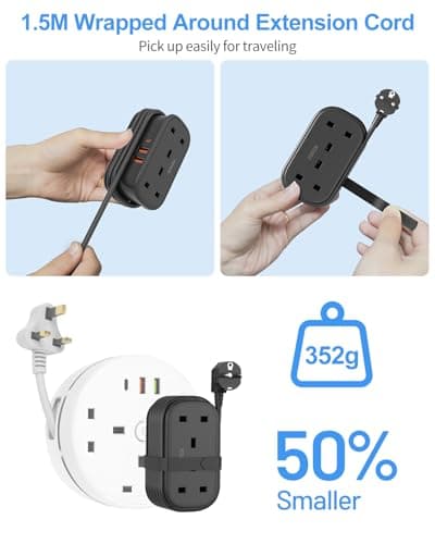 UK to European Plug Adapter with 1.5M Extension Cable，FDTEK 2 Way Travel Extension Lead with 3 USB Slots & Retractable USB C Cable, Type E/F Travel Adapter for Germany France Spain Greece etc — view 4