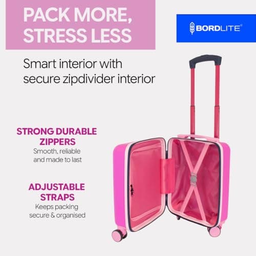 Bordlite Kids Suitcase 40x30x20cm Hot Pink Cabin Luggage for Girls, Childrens Underseat Travel Case with 360 Spinner Wheels, Telescopic Handle, ABS Shell for Ryanair & Wizz Air — view 5