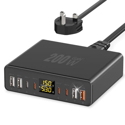 YSYFAD 200W USB C Charger 8-Port with LED Display, USB Charging Station GaN
