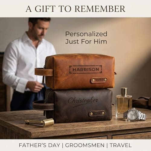 Mens Toiletry Bags Personalised Gifts for Men Genuine Leather Mens Wash Bag Dopp Kit with Custom Engraved Name or Initial – Travel Shaving Bag Gift for Xmas Birthday Anniversary (Brown) — view 2