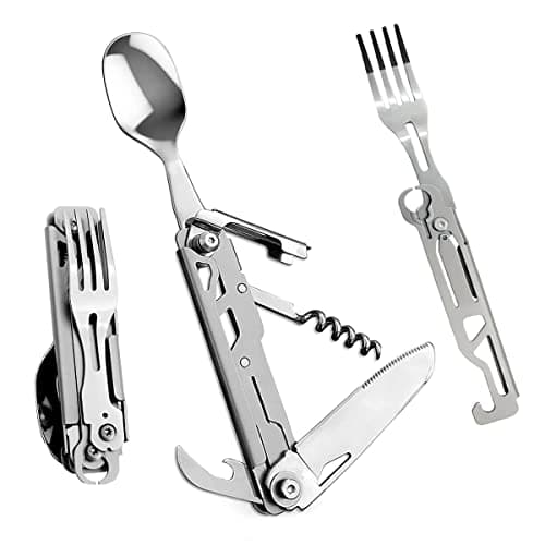 HONZIN Folding Camping Cutlery Set, 5 in 1 Multifunctional Portable Stainless Steel Cutlery, Outdoor Detachable Tableware Utensil for Travel, Hiking, Picnic, with Drawstring Pouch (1 Pack)