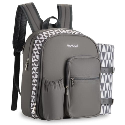 VonShef Picnic Backpack, 2 Person Grey Picnic Bag with Full Dining Set, Insulated Cooler Compartment & Large Waterproof Picnic Blanket, Lightweight Water Resistant Camping Accessories