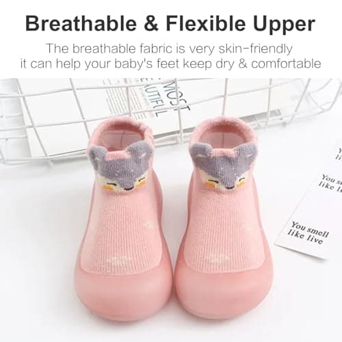 Baby Girls Boys First Walking Shoes Anti Slip Slippers Socks Barefoot Shoes Toddler Infant Non Slip Sole Shoes Breathable(Pink Grey, 12-18Month) — view 2