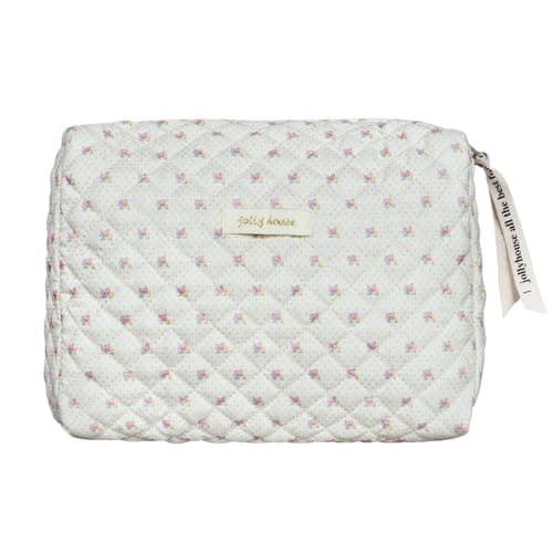 Aucuu Cotton Makeup Bag, Portable Travel Cosmetic Bag, Large Capacity Floral Toiletry Bags, Quilted Wash Bags Organizer for Women Girls