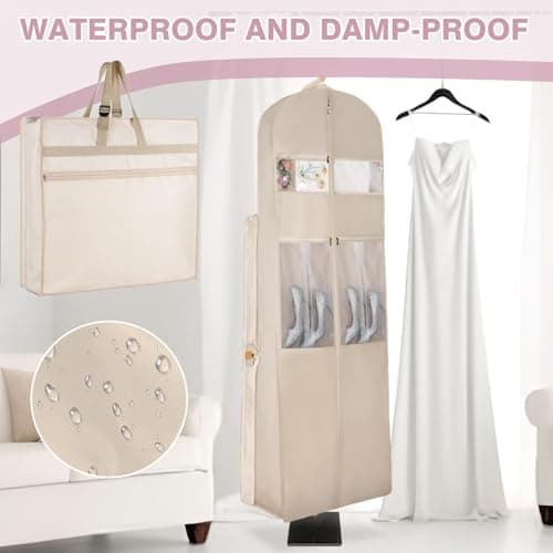 Wedding Dress Storage Bag,420D Waterproof Dress Cover Garment Bags Hanging,72" Folding Handles Travel Carriers&Protector Bags for Wedding and Feast with Large Pockets and Transparent Window — view 4
