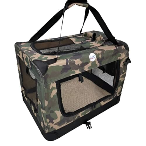 HugglePets Foldable Fabric Pet Crate Carrier - Green Camo (Large 70 x 52cm) Lightweight & Ventilated Double Door Carrier for Dogs & Cats with Sheepskin Mat. Ideal for Home & Travel. — view 3