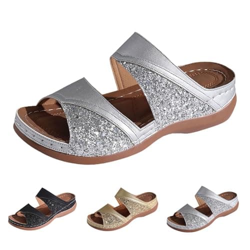 Nuoke Gladiator Sandals for Women, Sandals for Women 2026 Orthopedic Ladies Sandals Womens Arch Support Summer Slip Wide Fit Walking Slip on Platform Sliders Sport Wedges Shoes Silver 4 — view 5
