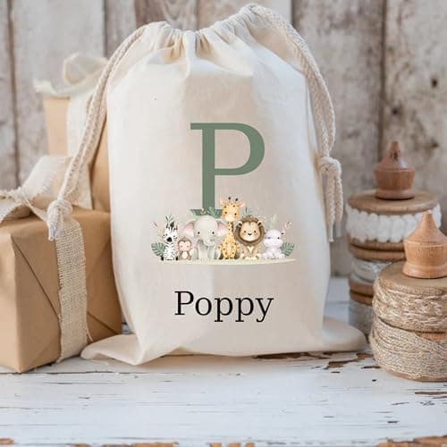 Personalised Gift Bag - Custom Name Jungle Theme Animals Drawstring Sack - Personalise Name Kids Children's Cotton Canvas Newborn Baby Shower Birthday Christening Present Treat - Canvas S - 23 x 34cm — view 3