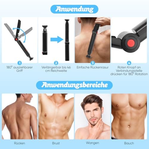 Back Razor for Men, Foldable Men's Body Razor with 2 Removable Shaving Heads & Ergonomic Arm Extension, Foldable Back Razor for Back, Face, Chest & Shoulder Care — view 5