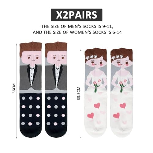 TYGFRT 2 Pairs of Wedding Socks for Men and Women, Cute and Funny Couple Socks, Gifts for Newlyweds, Small Funny Presents, Bride and Groom Calf Socks for Engagement — view 2