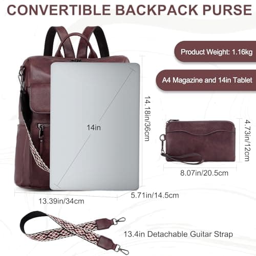 VASCHY Backpack for Women, Large Vegan Leather Rucksack with Wallet Set Convertible Handbag for Lady Guitar Strap Burgundy — view 2