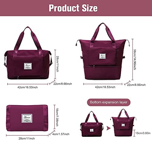 Large Capacity Folding Travel Bag - Lightweight Waterproof Carry On Luggage with Fixed Strap, Dry & Wet Separation - Foldable Travel Duffel for Sports & Gym (Wine Red) — view 2