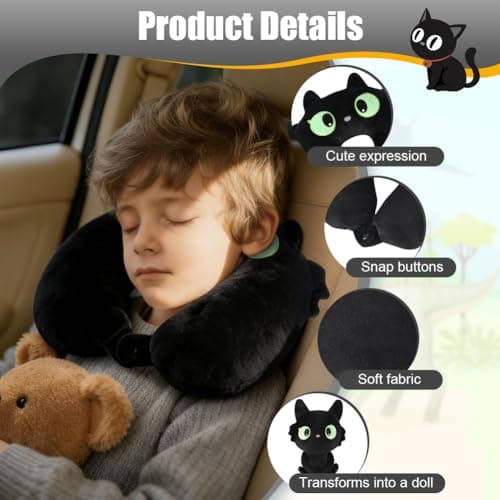 Alaoo Cute Neck Pillow, Deformable U-shaped Pillow with Animal, 2-in-1 Deformable Neck Pillows Play Companion for Adults, Kids, Children in Home, Office, Camping, Travelling, Sleeping, Black Cat — view 3