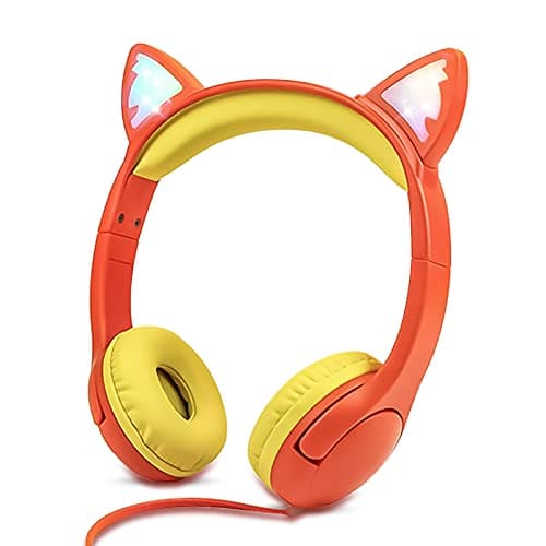 Olyre Kids Wired Headphones LED Light-Up Cat Ears, Microphone, Sharing Port
