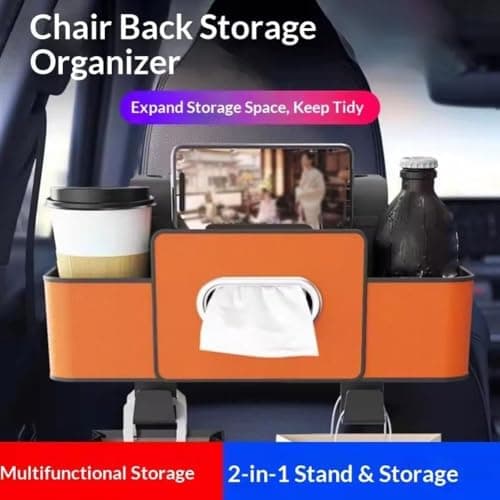 2026 Upgraded 4 in 1 Car Back Seat Organiser, Universal Headrest Car Storage Organiser with Dual Cup Holders, Tissue Box & Phone Holder, for Cars, SUVs, Sedans, Family Travel & Daily Commute (Orange) — view 2