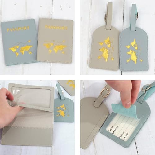 ZDNT 4 Pcs Passport Cover and Luggage Tag,Passport Holder,Passport Cover Luggage Tag Set,PU Leather Passport Holder Travel Wallet Case Organiser for Passport Credit Card Business ((Blue, Grey)) — view 3