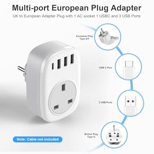 UK to European Plug Adaptor - UK to EU Plug Adapter Euro Europe European Schuko USB C Travel Charger with USBC Type C for France Germany Spain Turkey Greece Poland Iceland Russia (Type E/F) Tusreda — view 4