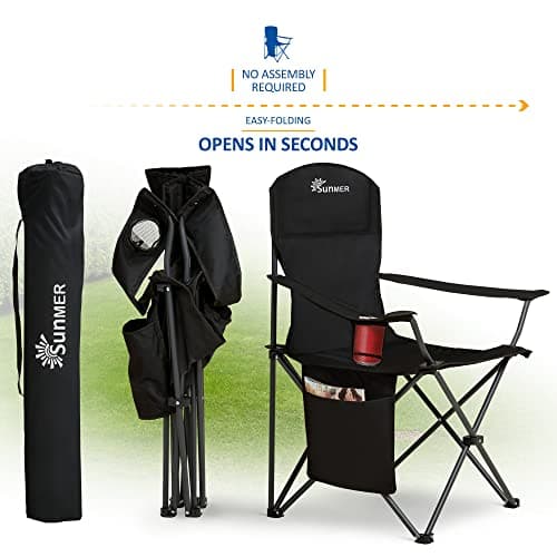 SUNMER Folding Camping Chairs, Extra Wide Lightweight Outdoor Chairs with Armrests and Cup Holder, 120 kg Capacity - Black — view 6
