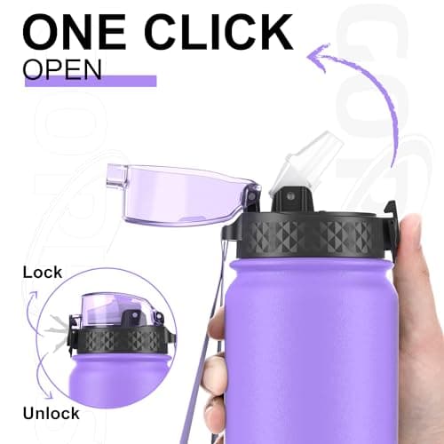 GOPPUS 1L/32oz Stainless Water Bottle with Straw Double Wall Insulated Bottles with Strap Reusable Vacuum Thermal Flask Leakproof Keep Cold Drinks Bottles with Flip Top Lid BPA Free (Purple) — view 2