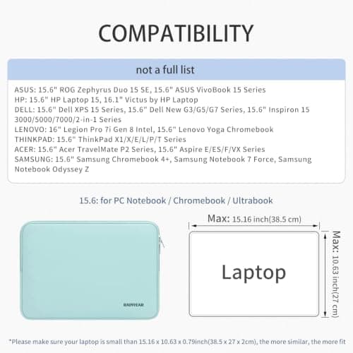 RAINYEAR 15.6 Inch Laptop Sleeve Carrying Bag, Mint Green — view 5