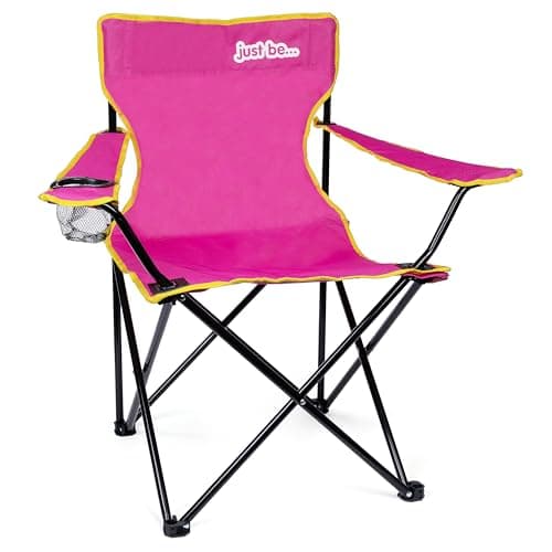 just be... Camping Chair – Lightweight, Foldable & Portable Outdoor Seat with Armrests, Cup Holder & Carry Bag | For Adults & Kids | Garden, Beach, BBQ & Fishing – Dark Pink with Yellow Trim