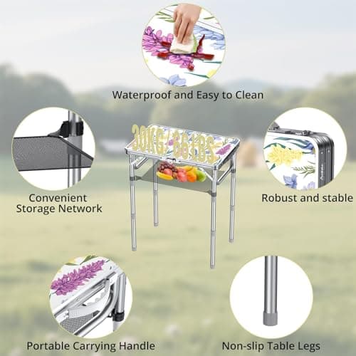 Anbte 2ft Folding Camping Table Max 70cm, 3 Adjustable Height Picnic Table with Storage Net Lightweight & Portable with Carry Handle, for Outdoor Indoor Camping Beach BBQ RV, Blooming Floral — view 4