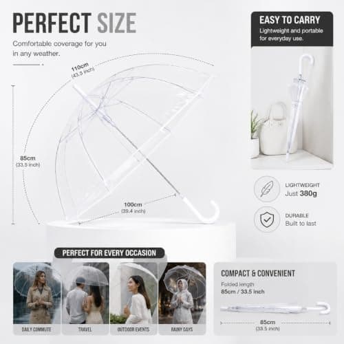 2 Pcs White Clear Bubble Umbrella Transparent Dome Rain Umbrella Windproof See Through Canopy Fiberglass Frame Large Coverage Wedding Photography Prom Graduation Outdoor Events Travel Men Women, White — view 3