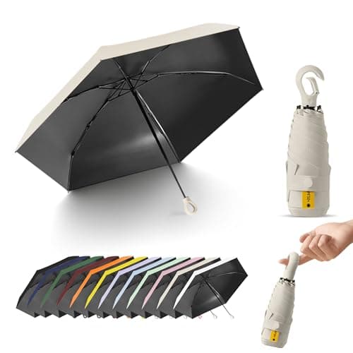 Travebo Mini Travel Folding Umbrella with Carabiner Ring Handle for Women Kids,Lightweight Compact,Portable Small,Handbag,Pocket,UV Protection,Fiberglass Ribs,Teflon coating,Rain Sun