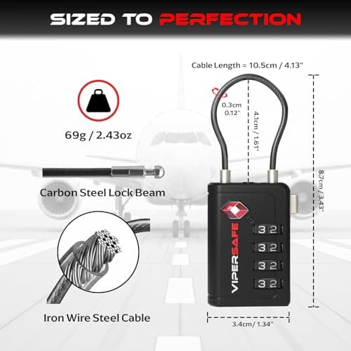 Vipersafe New TSA008, TSA Approved Luggage Lock with Open Alert Indicator – 4-Digit Travel Lock for Luggages, Bags & Backpacks – Heavy Duty Flexible Cable Padlock (Black, 1-Pack) — view 2