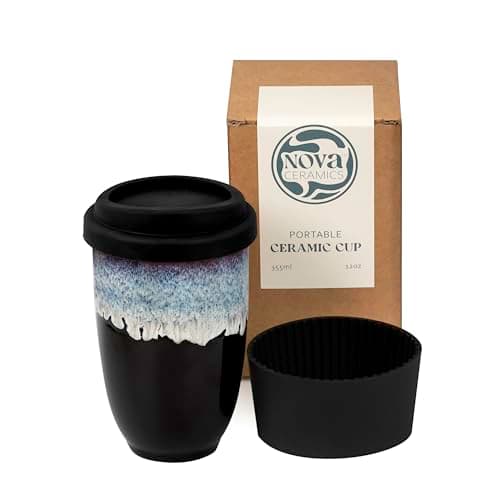 NOVA CERAMICS Travel Mug - Ceramic Travel Mug with Lid – Travel Coffee Mug Unique to Go Cup – Microwave & Dishwasher Safe Coffee Tumbler - Gifts for Women Men Him Her – 355ml - Monsoon