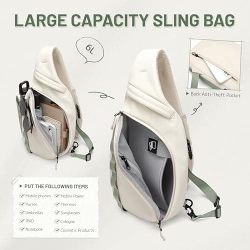 GOLF SUPAGS Sling Crossbody Bag for Men Women Tactical Shoulder Daypack Anti-Theft Cross Body Chest Bags for Casual Travel Hiking Sport Gym Motorcycle (Cream White & Mint Green) — view 3