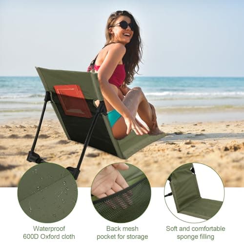 Camping Floor Chair Oxford Fabric Folding Beach Sit Mat with Back Support, Lightweight Travel Lounge Chair with Net Pocket on the Back & Storage Bag for Fishing Hiking Beach (green(With mesh bag)) — view 3