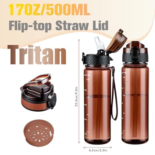 GOPPUS 500ml/17oz Kids Water Bottles with Straw Tritan Childrens Bottle with Flip Top Lid BPA Free Measured Drinks Bottle with Strap Sports Reusable Time Markings Leakproof (Transparent Brown) — view 2