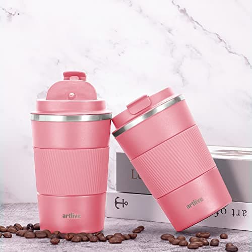 Artlive Coffee Cup, Reusable, Insulated & Double Wall Travel Mug - Travel Cup Thermal Stainless Steel Eco-Friendly with Lid - Hot & Cold Coffee Mug (PinkGrip, 380 ml) — view 6