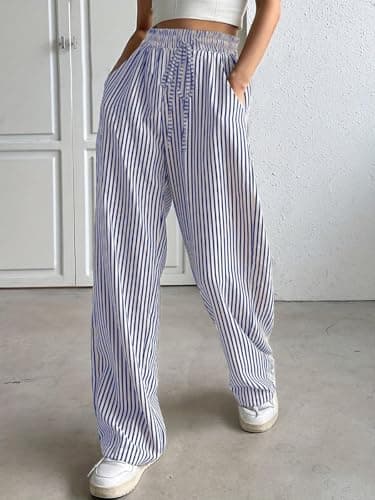 Women's Casual Striped Pants Drawstring Elastic Waist Straight Wide Leg Trousers with Pockets Casual Lightweight Comfortable Dress Work Palazzo Pants Loose Outdoor Holiday Travel Slacks Blue Small — view 2