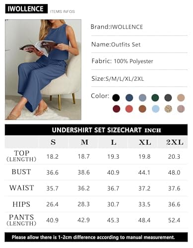 IWOLLENCE Co Ord Sets for Women 2 Piece Outfits Lounge Wear for UK Travel Airport Set Sleeveless Crop Tops Wide Leg Trousers with Pockets Casual Tracksuit Full Set Elegant (Dark Blue, L) — view 5