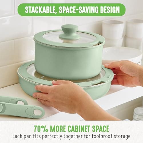 GreenLife 10 Piece Nonstick Pots & Pans Set, Detachable Handle & Stackable Cookware Set, Non Toxic PFAS-Free Skillets, Induction Kitchen Pans, Space Saving, Serving Bowls, Oven Safe, Sage Green — view 5