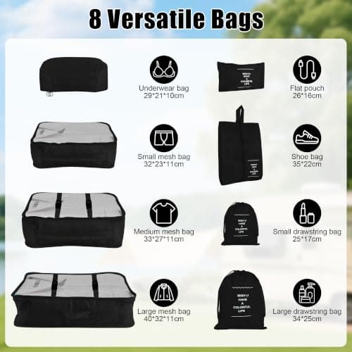 Hittriu 8 Pack Waterproof Packing Cubes for Suitcase, Lightweight Travel Packing Organiser Bags for Clothes Shoes Toiletries, Durable Machine Washable Travel Storage Bag (Black) — view 2
