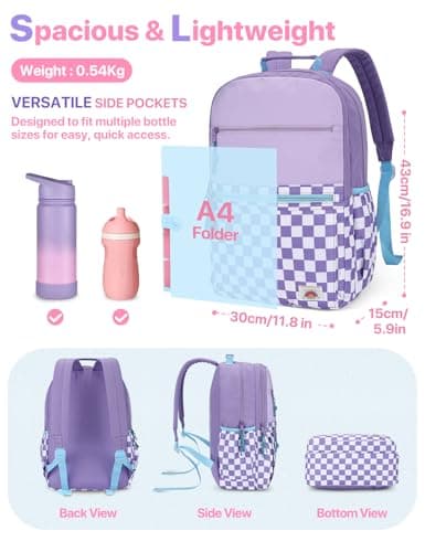VASCHY School Bag, Lightweight Classic Cute Aesthetic Bookbag Daypack for Teen Girls Traveling/Gym/Middle School Black Lavender Plaid — view 2